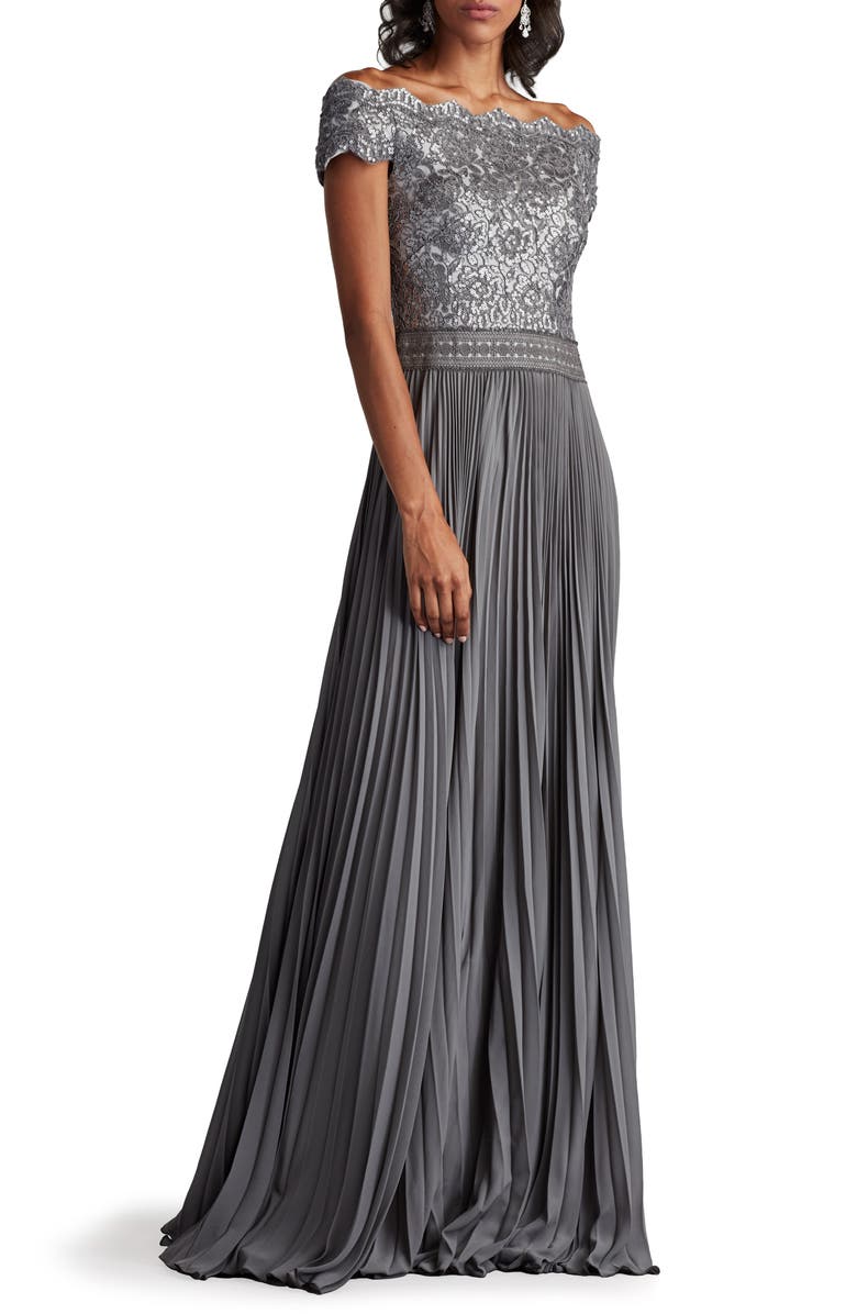 Tadashi Shoji Off the Shoulder Sequin Lace Pleated Gown, Main, color, 