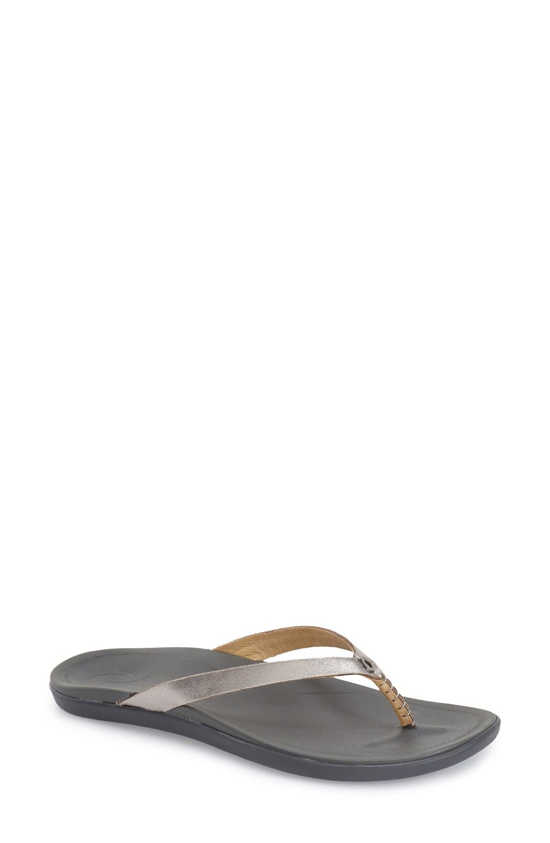 OluKai Ho Opio Leather Flip Flop, Main, color, Metallic Silver Leather