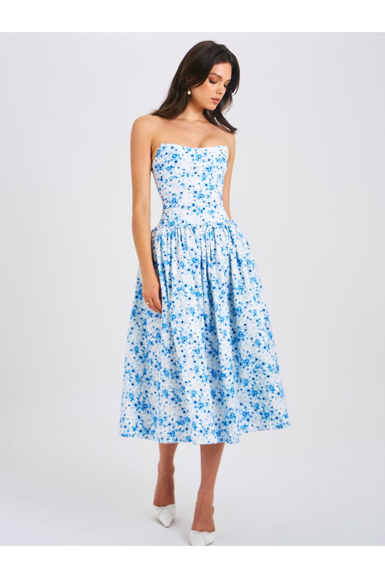 Paloma Linen Corset Draping Top Midi Dress, Alternate, color, Blue Print
