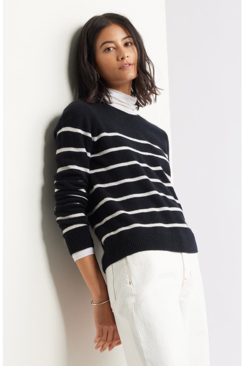 Cashmere Crewneck Sweater, Main, color, BLACK- IVORY STACY STRIPE