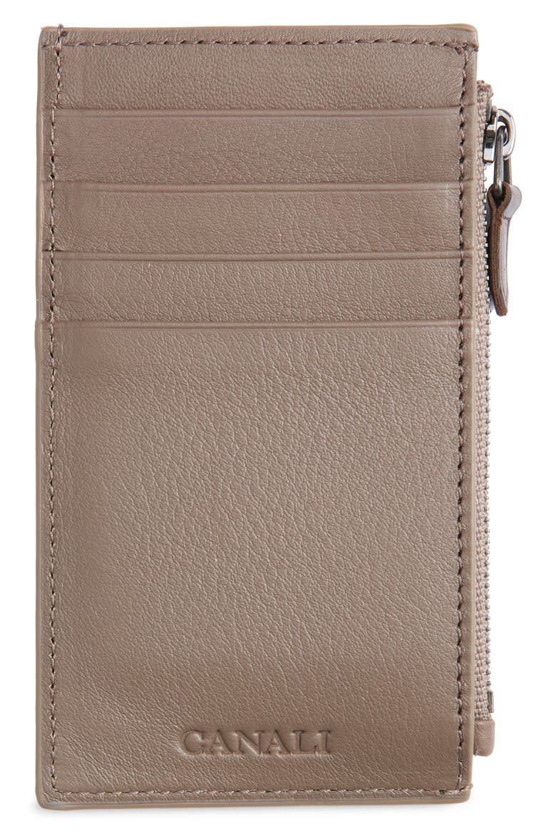 Tumbled Calfskin Card Holder with Zip, Main, color, DARK BEIGE