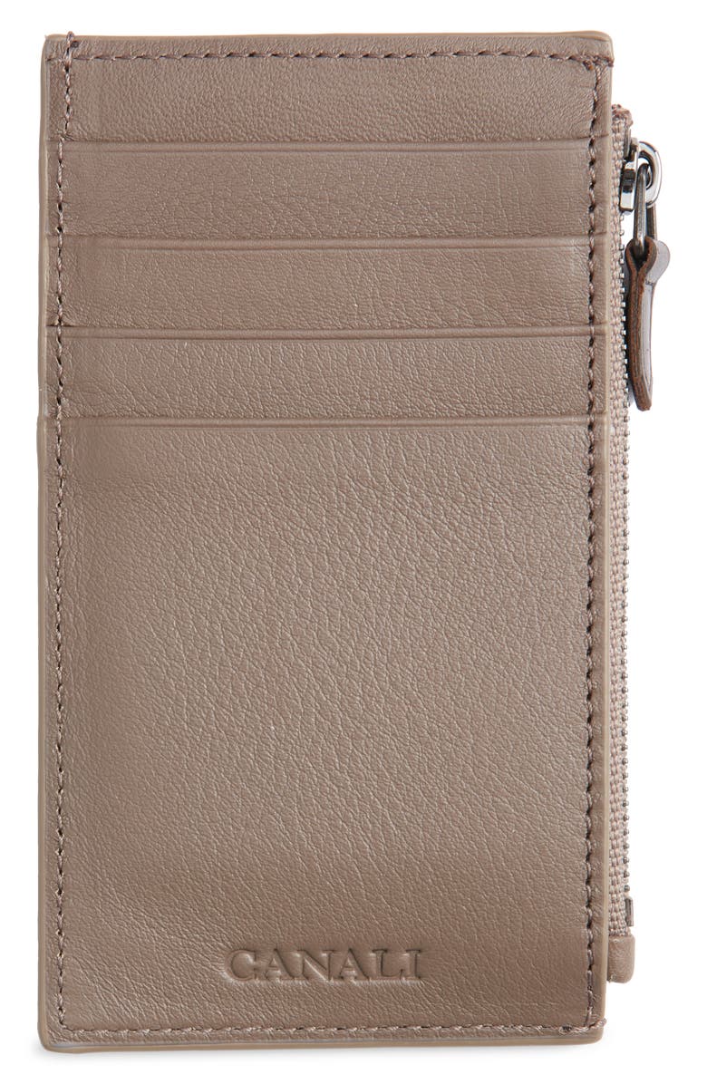 Canali Tumbled Calfskin Card Holder with Zip, Main, color, Dark Beige