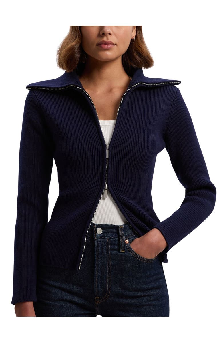Karen Millen Cotton Zip Through Collar Knit Cardigan, Alternate, color, Navy