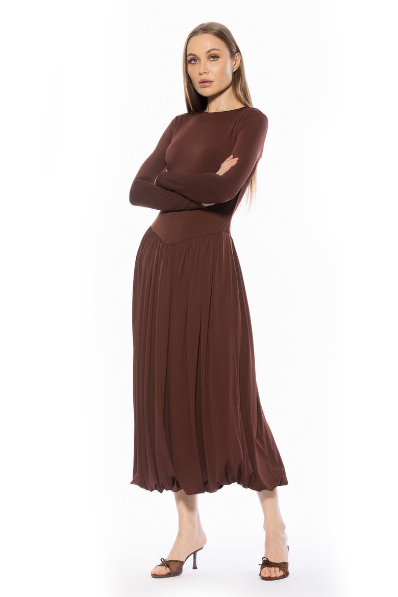 Eero Crewneck Long Sleeve Bubble Hem Midi Dress, Alternate, color, BROWN