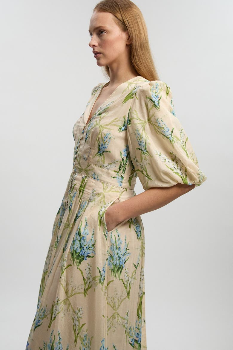Floral Puff Sleeve Midi Dress, Alternate, color, Blue