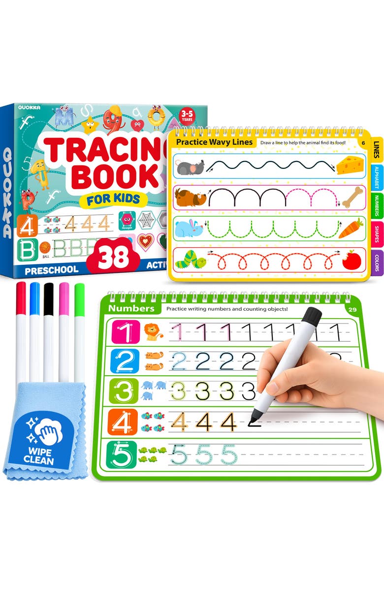 Quokka Kids Tracing Activity Books Set with Dry-Erase Pages and Markers, Main, color, White