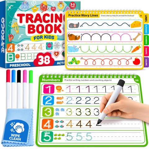 Kids Tracing Activity Books Set with Dry-Erase Pages and Markers