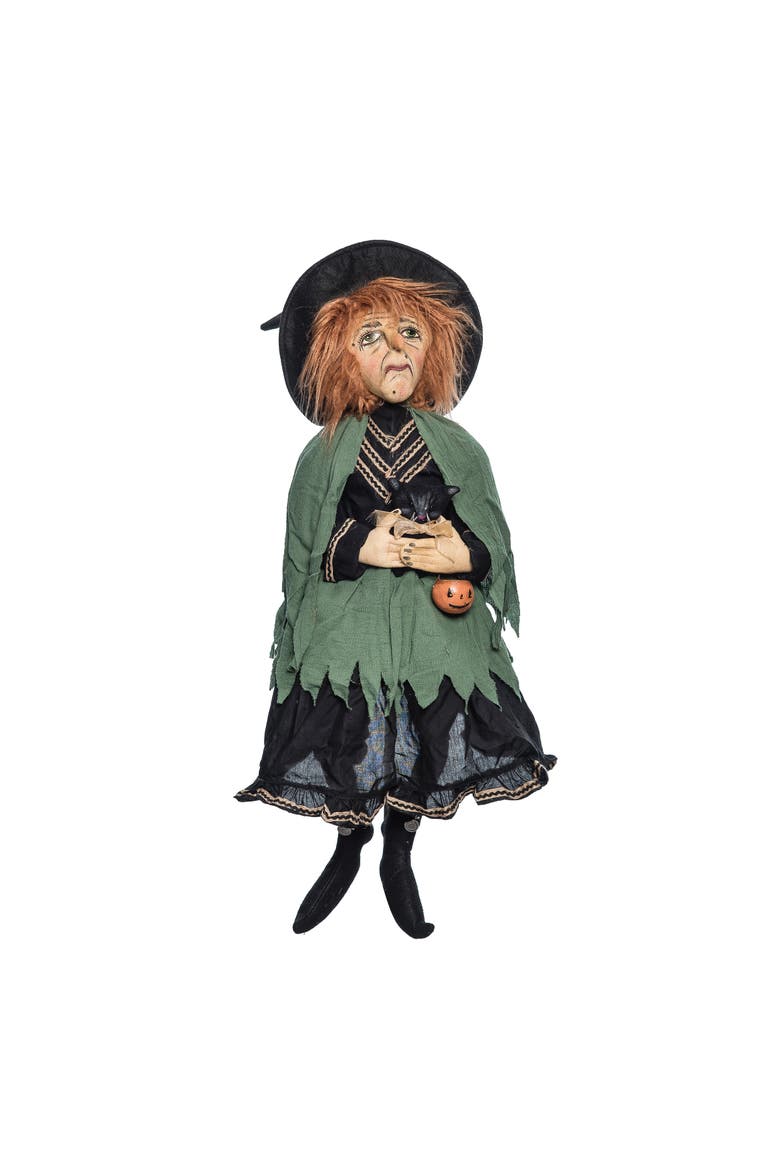 Yolanda Witch Black Cat Halloween Joe Spencer Gathered Traditions Figurine, Main, color, Green