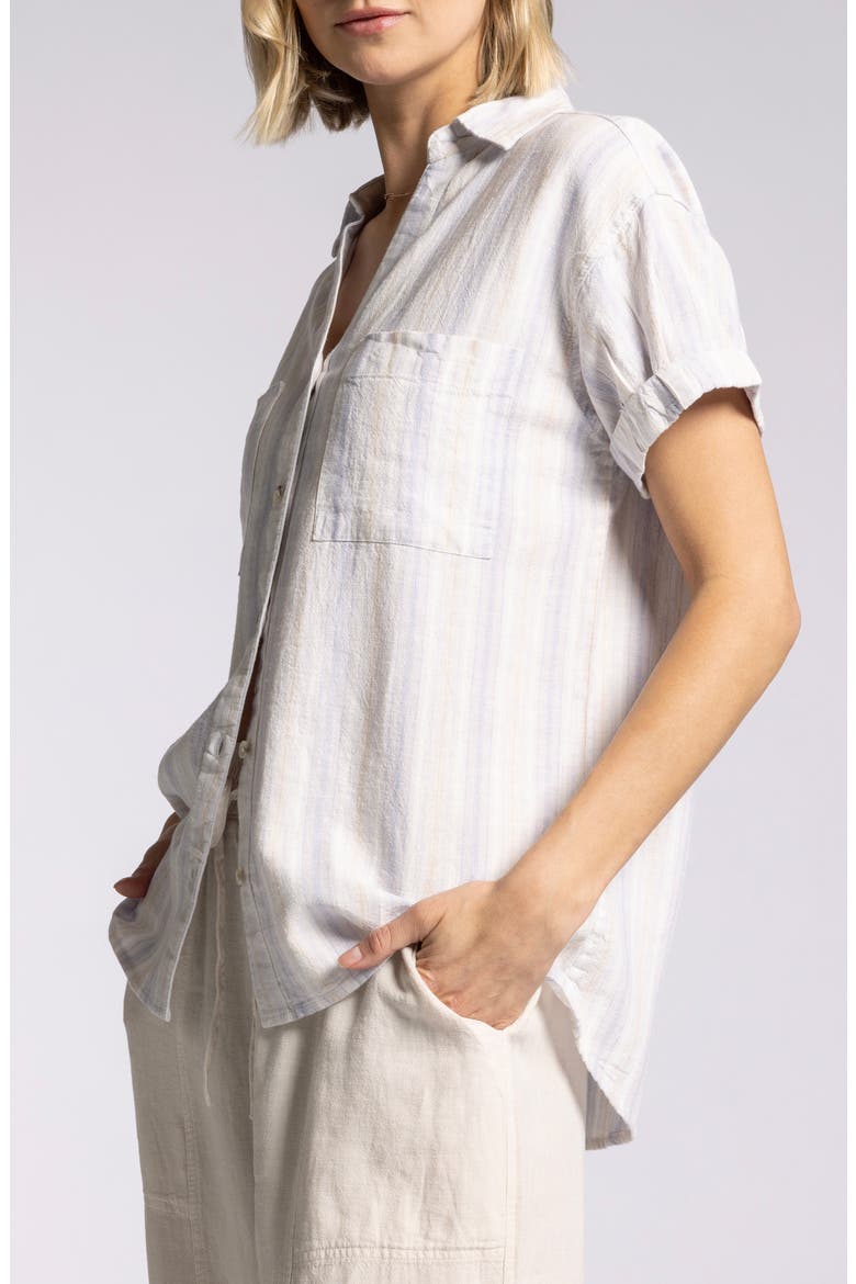 Sydney Stripe Short Sleeves Linen Blend Button-Up Shirt, Alternate, color, LAVENDER TAN STRIPE