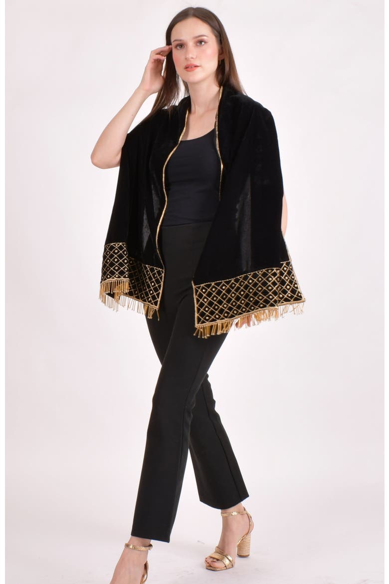 Hand Embroidered Velvet Scarf, Alternate, color, Black
