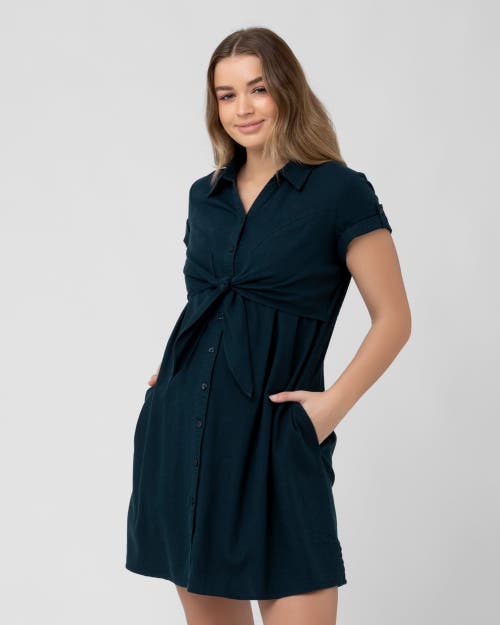 Ripe Maternity Maternity Colette Short Sleeve Tie Up Linen Dress In Black