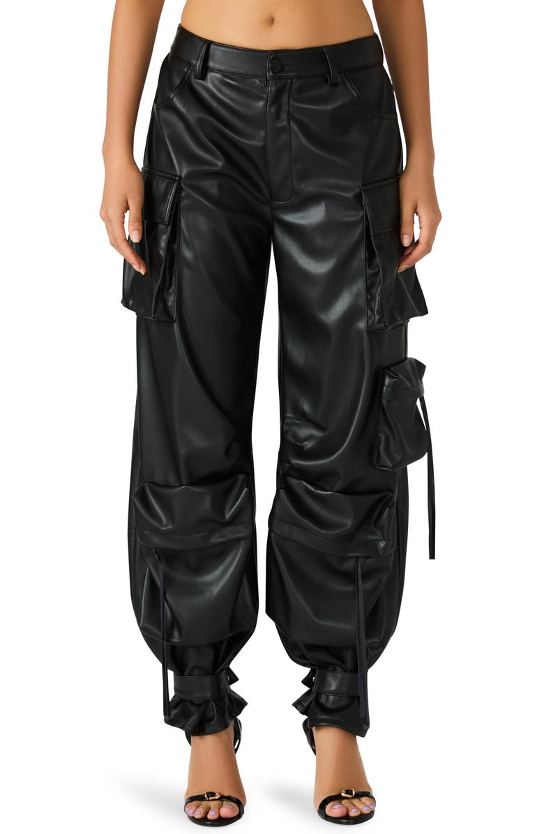 Steve Madden Duo Faux Leather Wide Leg Cargo Pants, Main, color, Black
