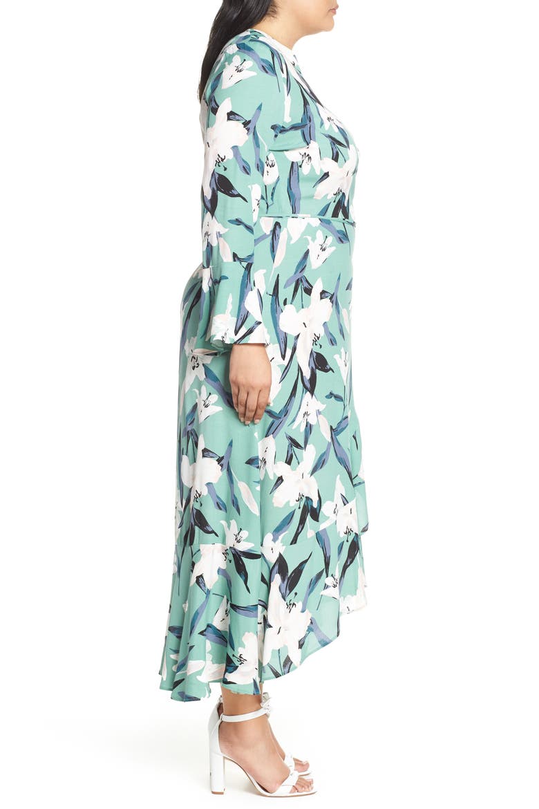 Bell Sleeve Wrap Midi Dress, Alternate, color, GREEN WING ROMANTIC FLR