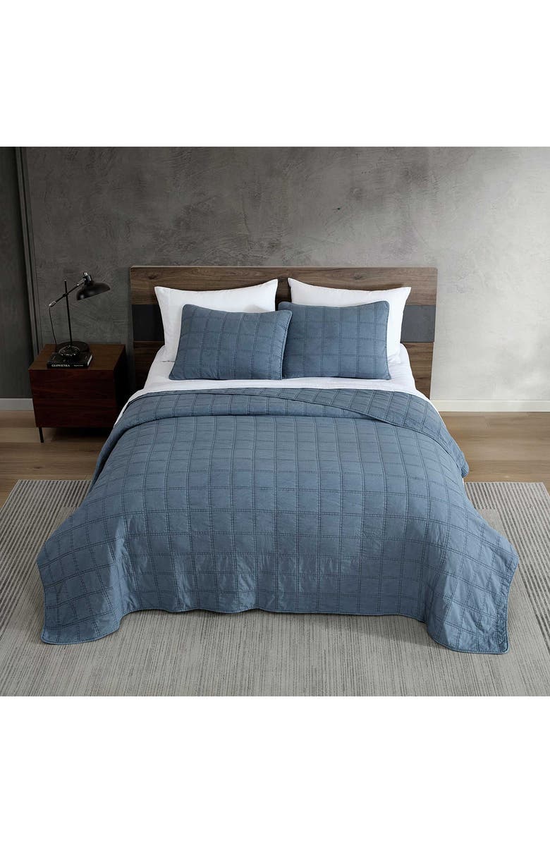 Kenneth Cole Reaction Stonewashed Solid Microfiber Quilt Set, Alternate, color, Medium / Dark Blue