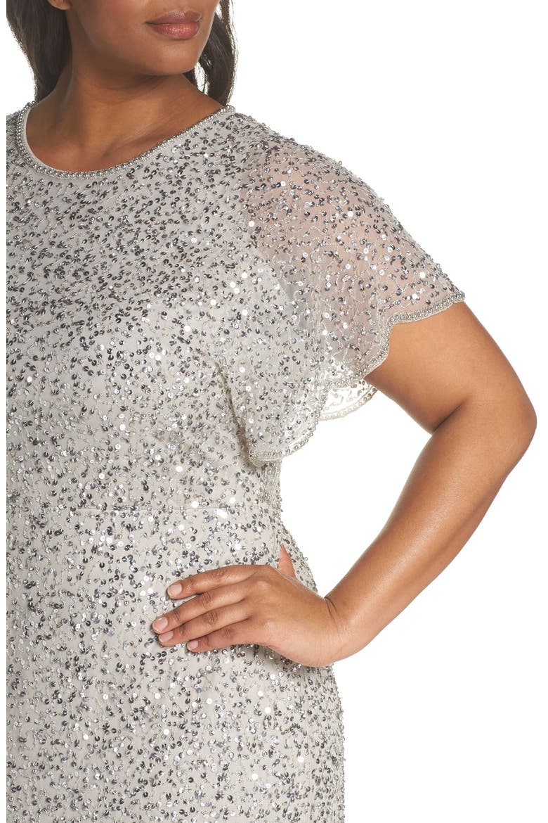 Beaded Flutter Sleeve Sheath Dress, Alternate, color, SILVER