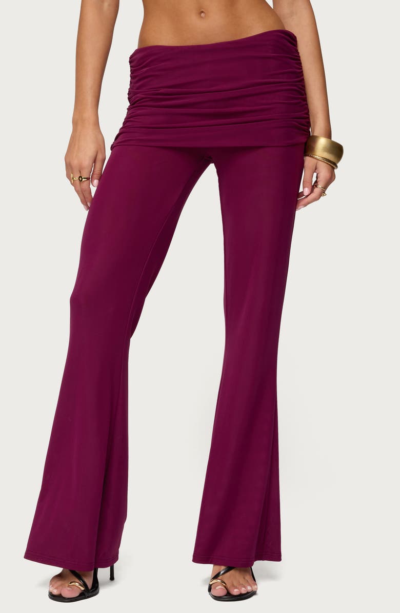 EDIKTED Halli Foldover Flare Pants, Main, color, Burgundy