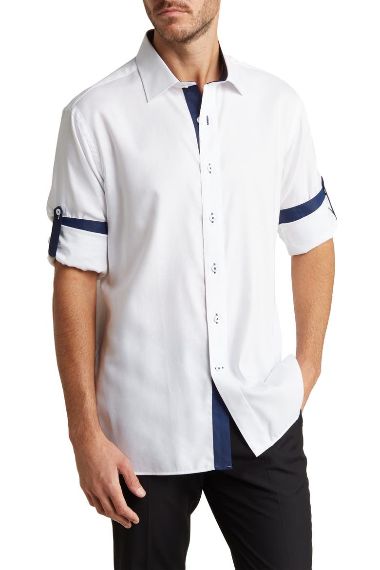 Trim Fit Long Sleeve Cotton Twill Button-Up Shirt, Main, color, WHITE
