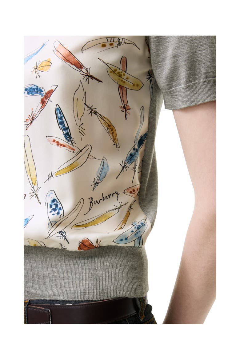 Feather Print Panel Wool Silk T-shirt, Alternate, color, Pale grey
