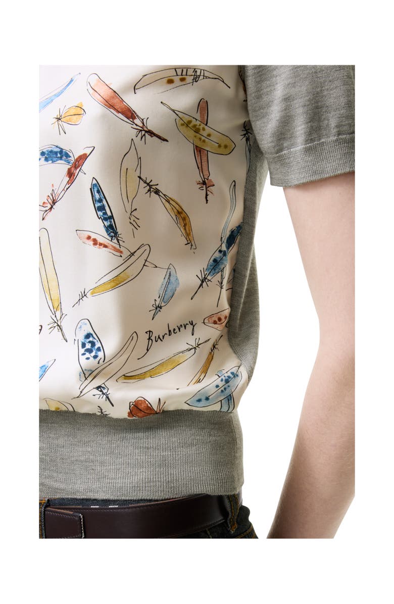 Burberry Feather Print Panel Wool Silk T-shirt, Alternate, color, Pale Grey