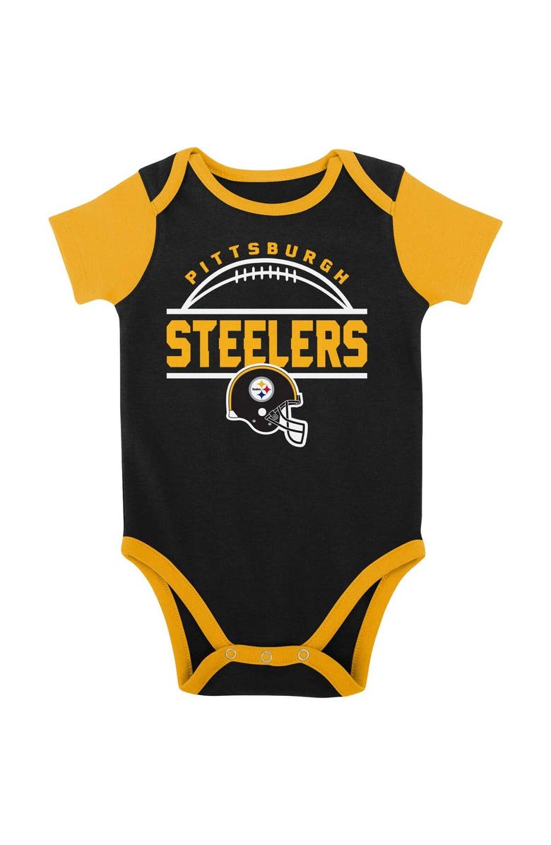 Outerstuff Newborn & Infant Black/Gold Pittsburgh Steelers Home Field Advantage Three-Piece Bodysuit, Bib & Booties Set, Alternate, color, Black
