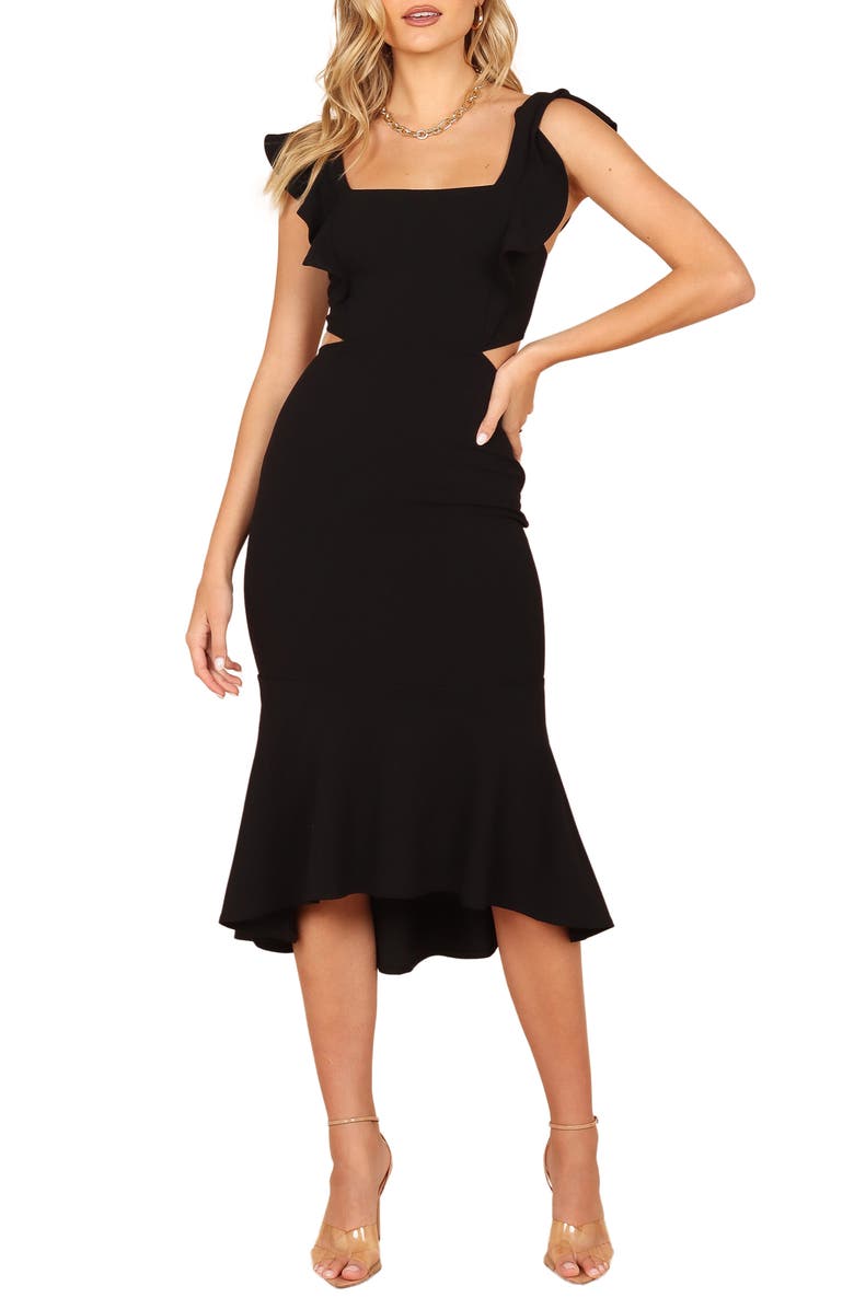 Petal & Pup Yvonne Ruffle Trim Cutout High-Low Dress, Main, color, Black