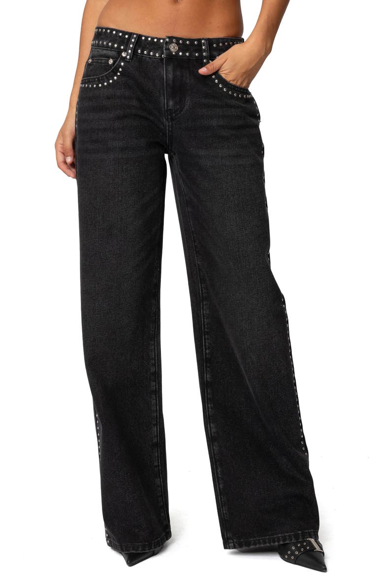 Quincy Studded Low Rise Baggy Jeans, Main, color, BLACK-WASHED