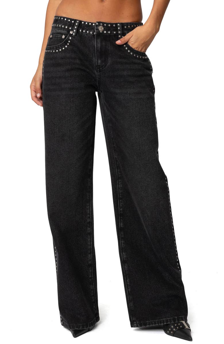 EDIKTED Quincy Studded Low Rise Baggy Jeans, Main, color, Black-Washed