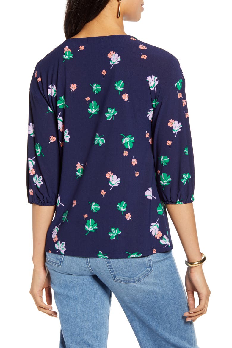 V-Neck Puff Sleeve Knit Top, Alternate, color, NAVY P DISTANT FLORAL