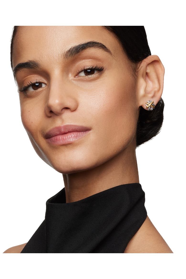 Crossover Stud Earrings with 18K Yellow Gold, Alternate, color, SILVER/ GOLD