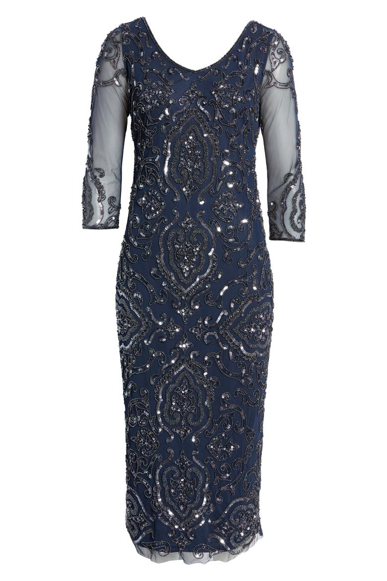 Sequin & Beaded Cocktail Sheath Dress, Alternate, color, SLATE 421