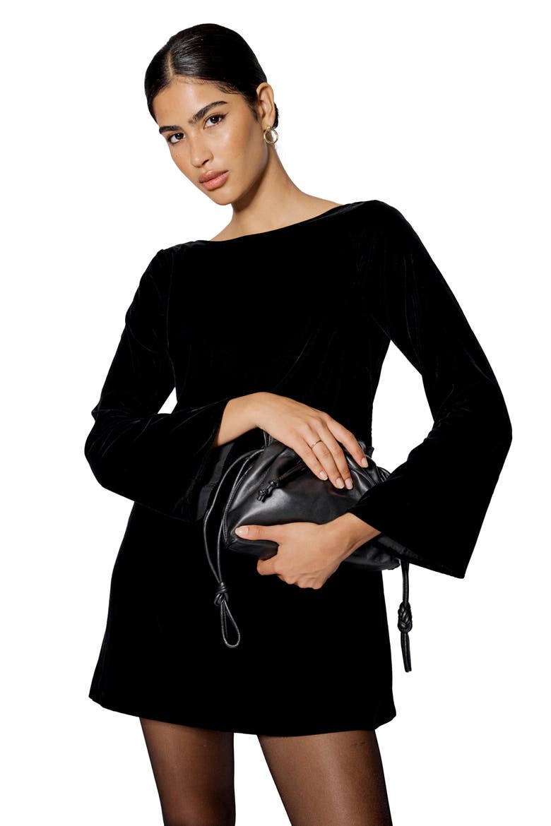 Joelle Bow Back Long Sleeve Velvet Minidress, Alternate, color, BLACK