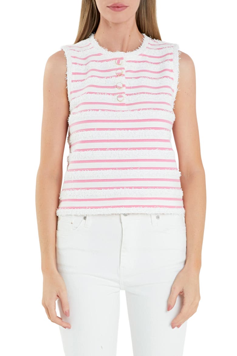 Stripe Fringe Accent Sleeveless Henley Knit Tank, Main, color, WHITE/ PINK