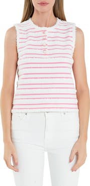 English Factory Stripe Fringe Accent Sleeveless Henley Knit Tank