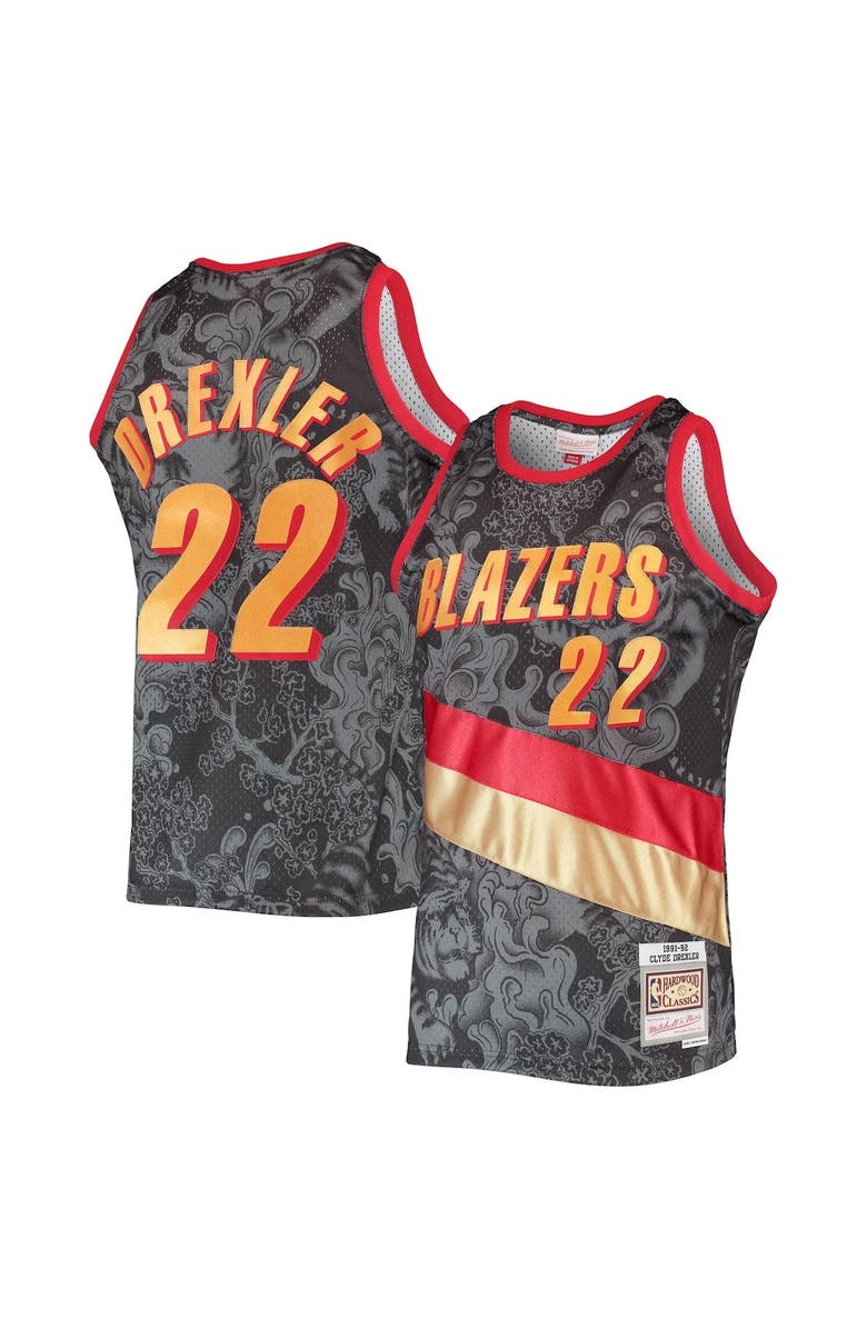 Mitchell & Ness Men's Mitchell & Ness Clyde Drexler Black Portland Trail Blazers Hardwood Classics 1991/92 Lunar New Year Swingman Jersey, Main, color,