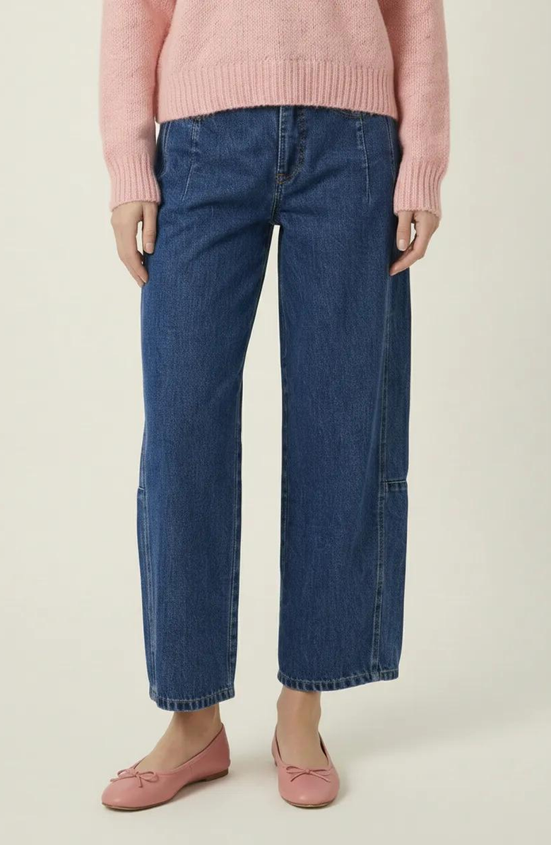 Modenaire Barrel Leg Denim Pants with Contrast Seams, High Waist and Pockets, Main, color, Dark Blue