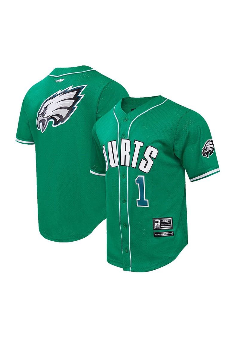 PRO STANDARD Men's Pro Standard Jalen Hurts Kelly Green Philadelphia Eagles Mesh Baseball Button-Up T-Shirt, Main, color, Kelly Green