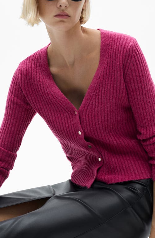 Mango Metallic Rib Cardigan In Fuchsia