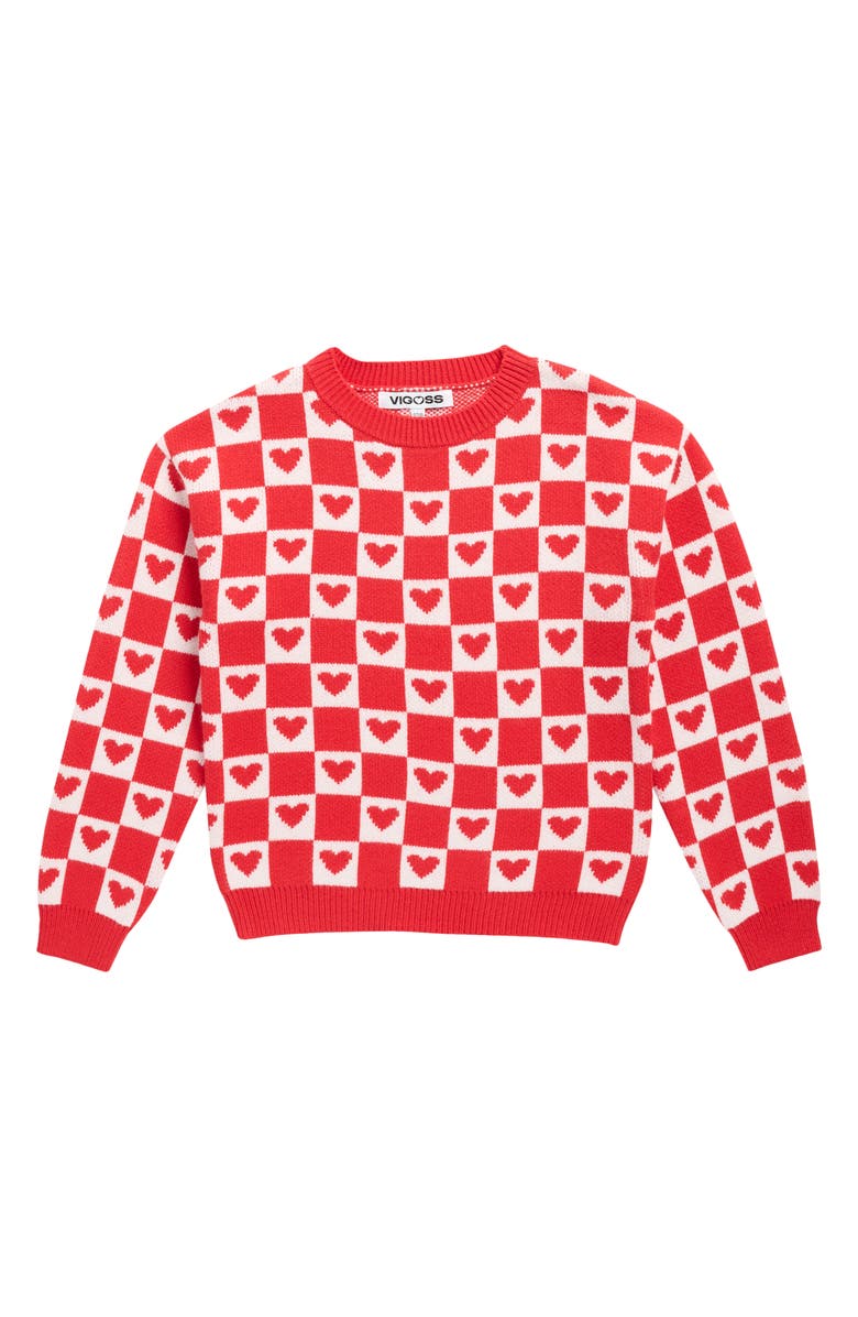 Vigoss Kids' Heart Check Jacquard Sweater, Main, color, Red Combo