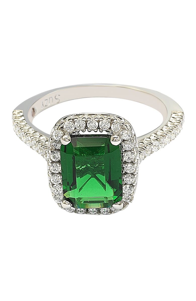 SUZY LEVIAN Sterling Silver Emerald Cut Green CZ Halo Ring, Alternate, color, Green