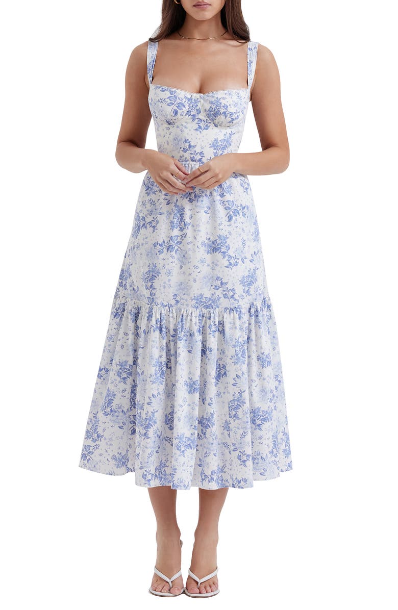 HOUSE OF CB Elia Floral Stretch Cotton Blend Corset Sundress, Main, color, Blue Print Flower