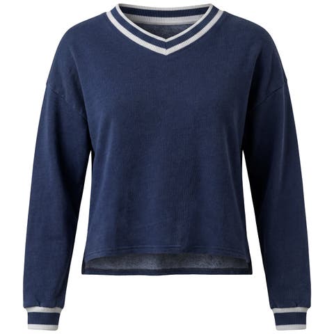 Denim French Terry V-Neck Striped Rib Crop Top