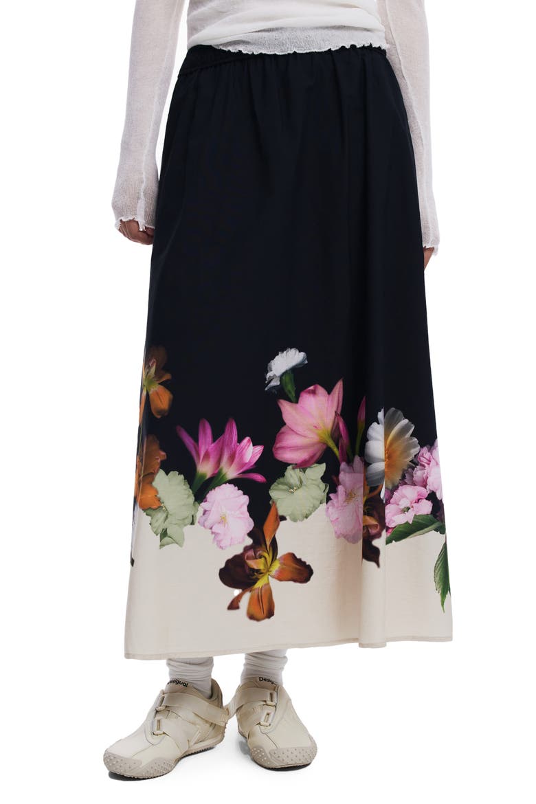 Floral Print Maxi Skirt, Main, color, BLACK