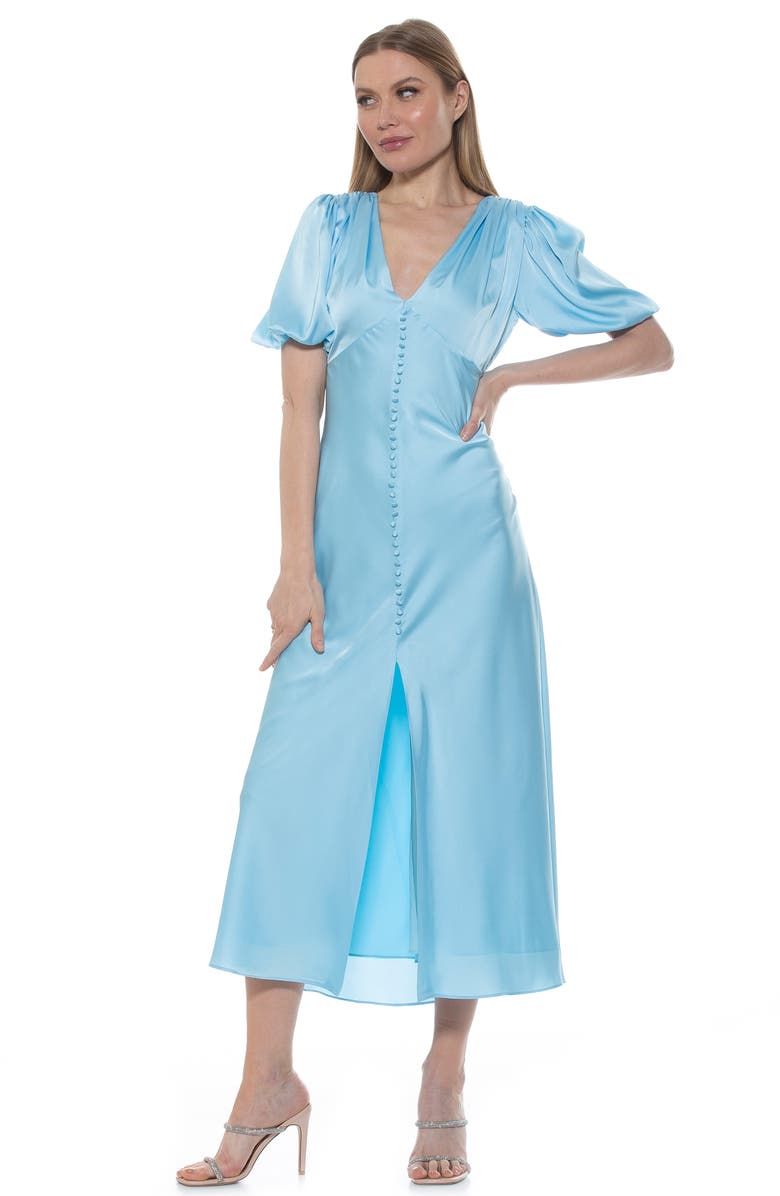 Alexia Admor Lorelei V-Neck Bubble Sleeve Midi Dress, Alternate, color, Halogen Blue