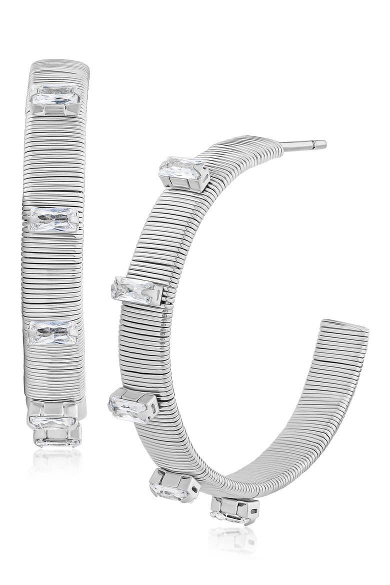 Emerald Cut Cubic Zirconia Cobra Hoop Earrings, Main, color, CLEAR SILVER
