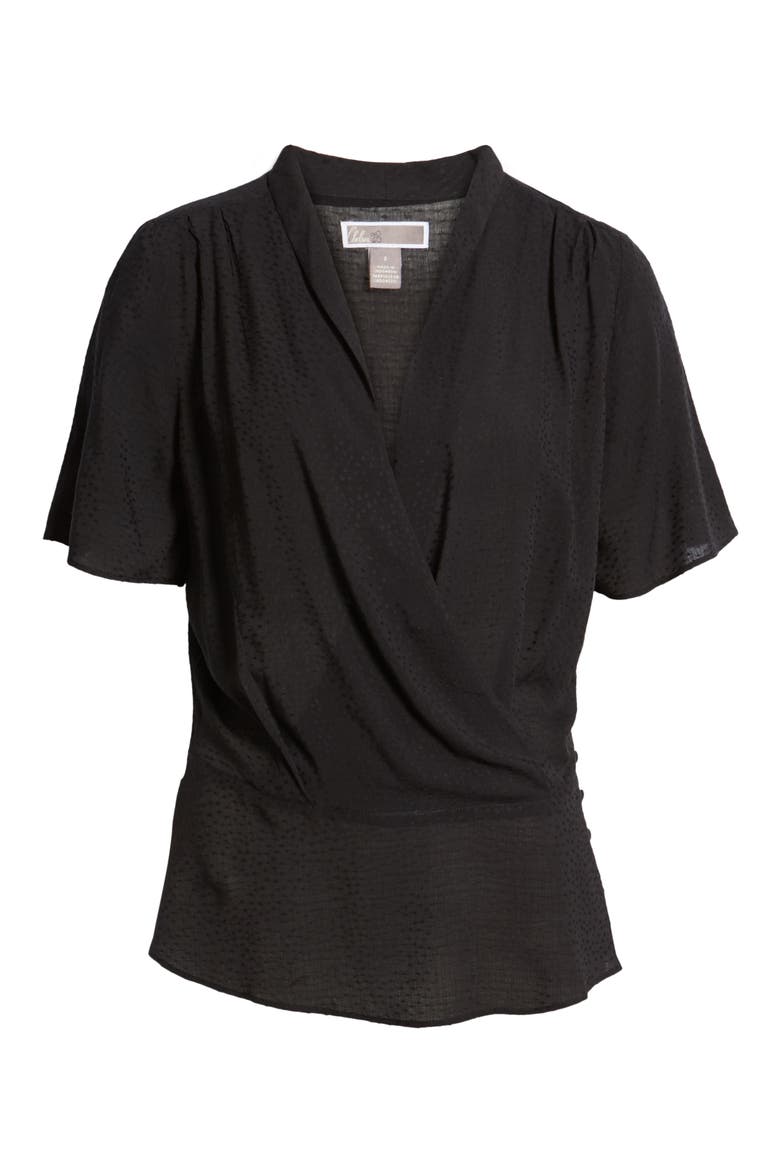 Side Button Textured Satin Wrap Top, Alternate, color, BLACK