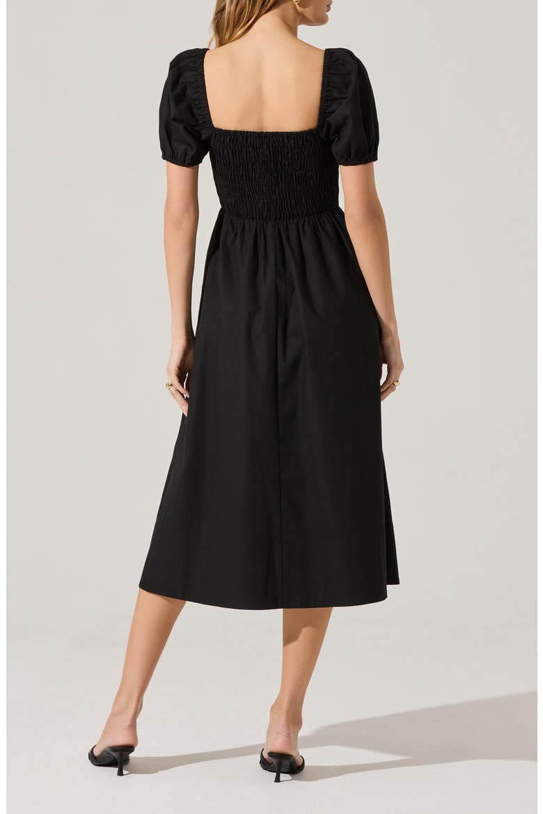 Bow Detail Smock Bodice Cotton Blend Dress, Alternate, color, BLACK