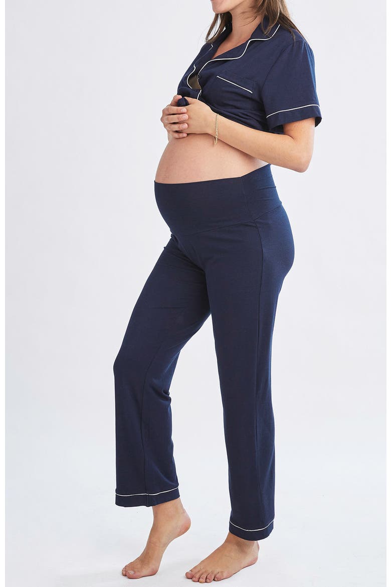 Maternity and Nursing Button Front Pajama Set, Alternate, color, Navy