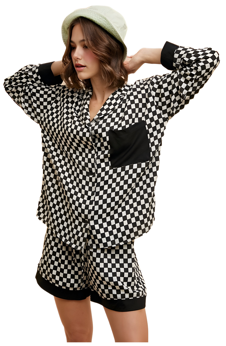 Knit and Lounge Checkerboard Print Button-Up Pajama Set, Alternate, color, Checkerboard