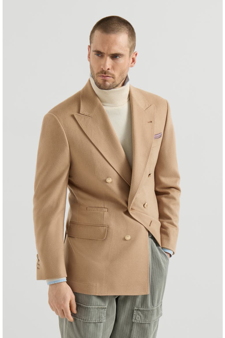 Camel flannel one-and-a-half breasted Tailor blazer with metal buttons, Main, color, Camel