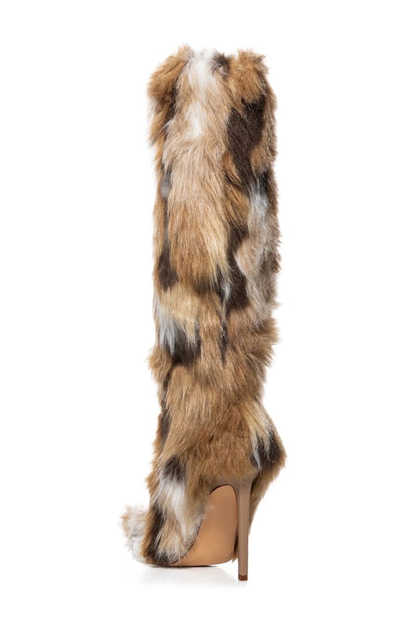 AZALEA WANG Upsetter Pointed Toe Faux Fur Knee High Boot, Alternate, color, Multi